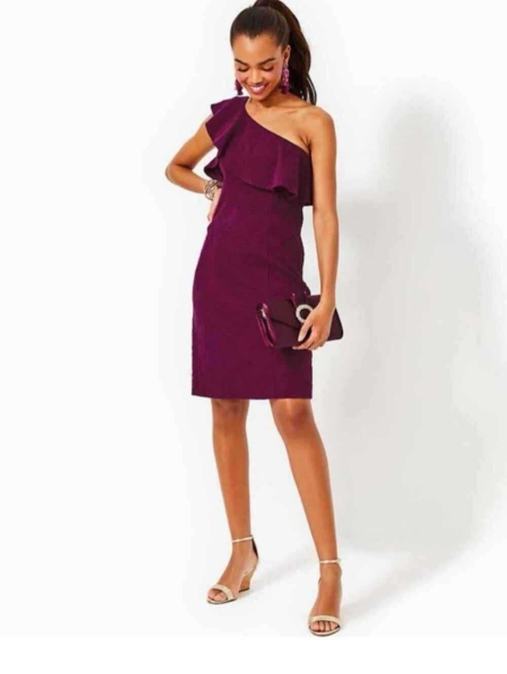 Lilly Pulitzer One-Shoulder Ruffle Dress in Amarena Cherry Knit Pucker Jacquard - Picture 1 of 5